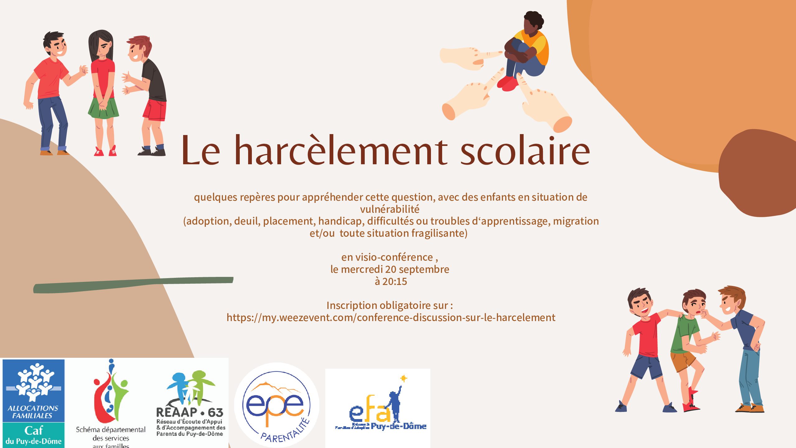 Le harcèlement scolaire. Visio conférence le mercredi 20 septembre à 20h15(Inscription obligatoire, lien à copier)